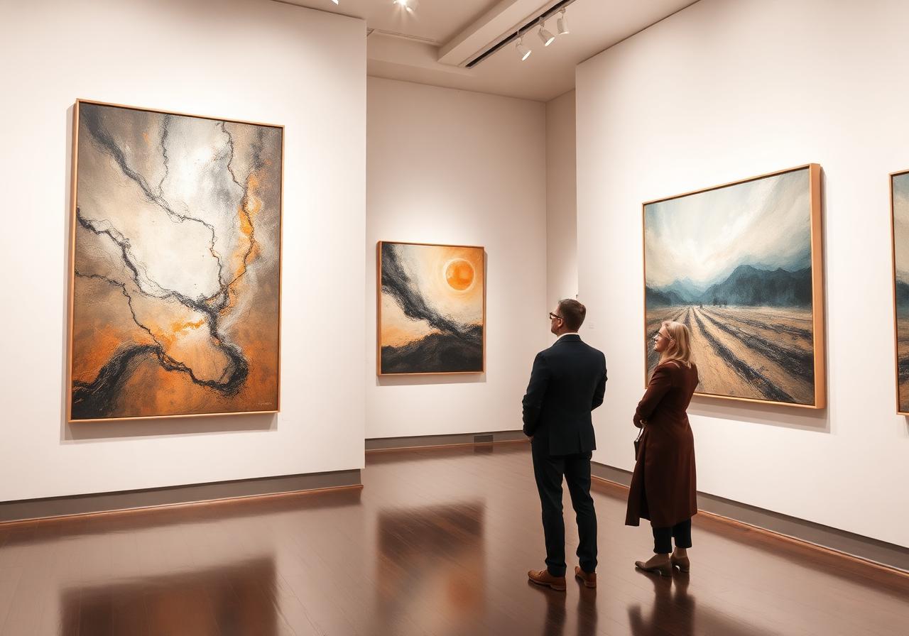 Galería de arte con coleccionistas observando obras originales