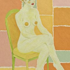 Arte pop moderno de desnudo: mujer en silla con paleta de colores retro