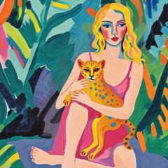 Mujer colorida de estilo pop art con estampado de guepardo en la selva