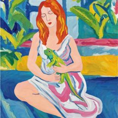 Mujer con iguana, llamativo retrato tropical impreso