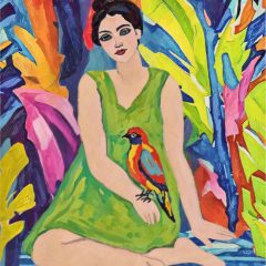 Mujer con vestido verde y pájaro, lámina de arte figurativo tropical vibrante